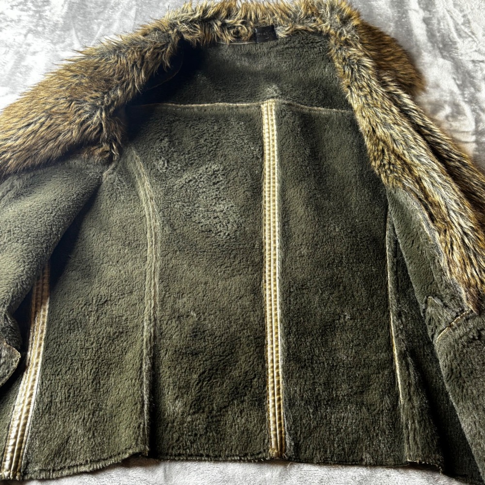 FORNIA Womens Faux Leather Fur Lined Vest Olive Green Moto Zip Pockets Size M - Picture 8 of 12